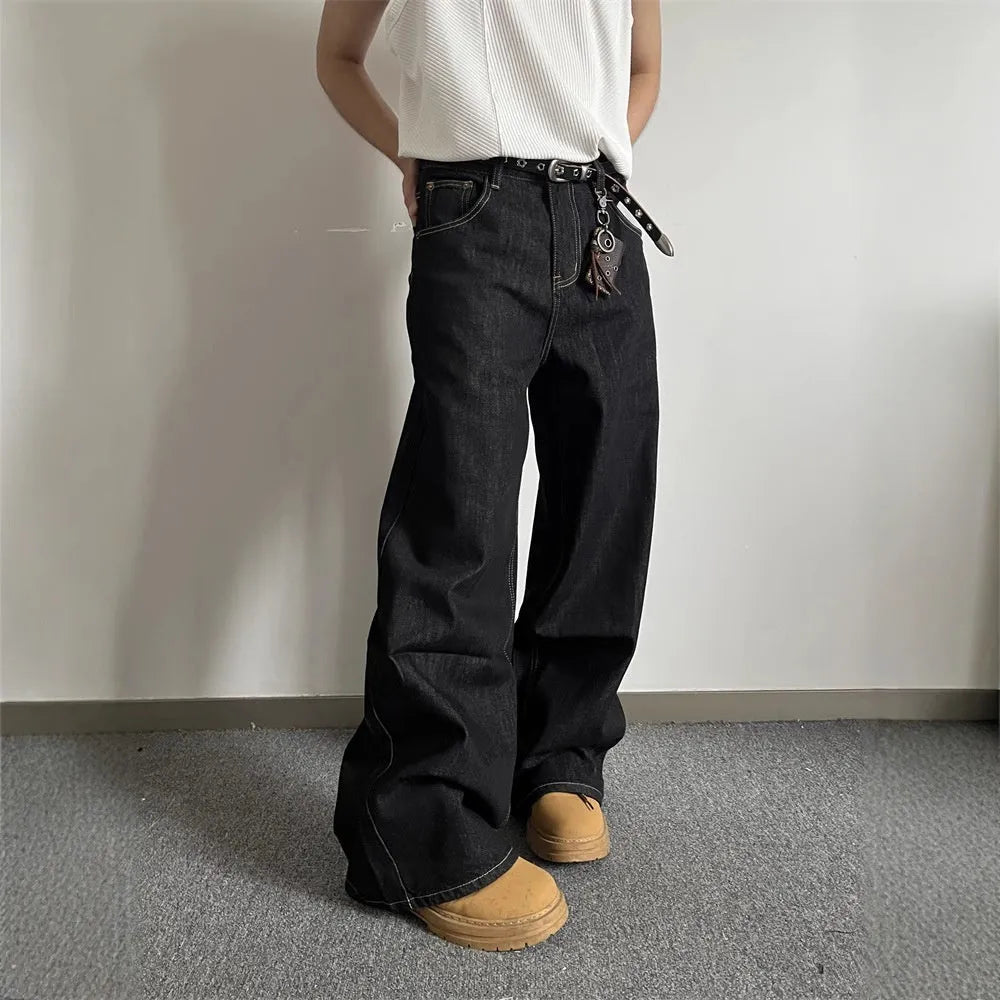 Black retro wide-leg denim jeans with straight-leg design and zip placket