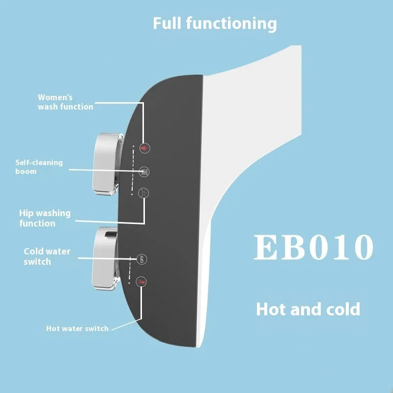 Power-free toilet seat cover body cleaner with hip wash nozzle and water pressure adjustment dial in ABS plastic