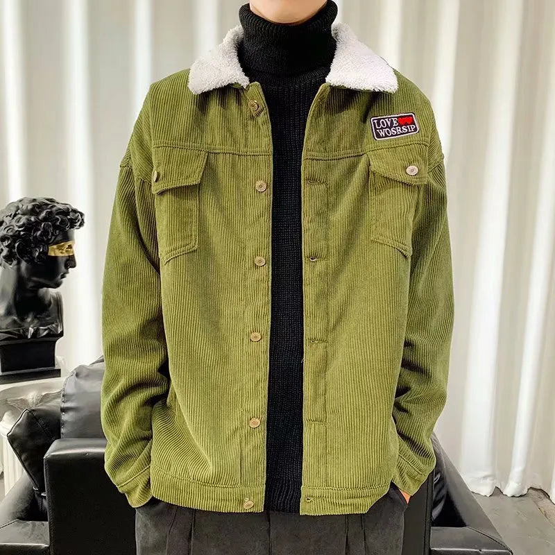 Men's loose-fit corduroy workwear jacket in khaki colour with regular sleeves and stick pocket