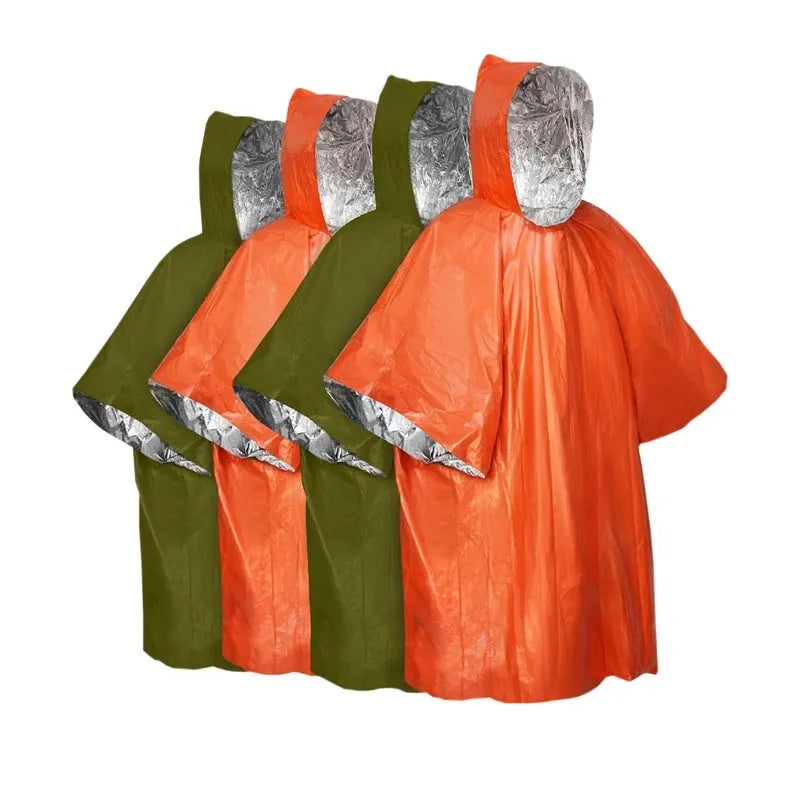 Orange and army green Marathon Wild cross-country raincoat laid flat, showing its 100x130cm size.