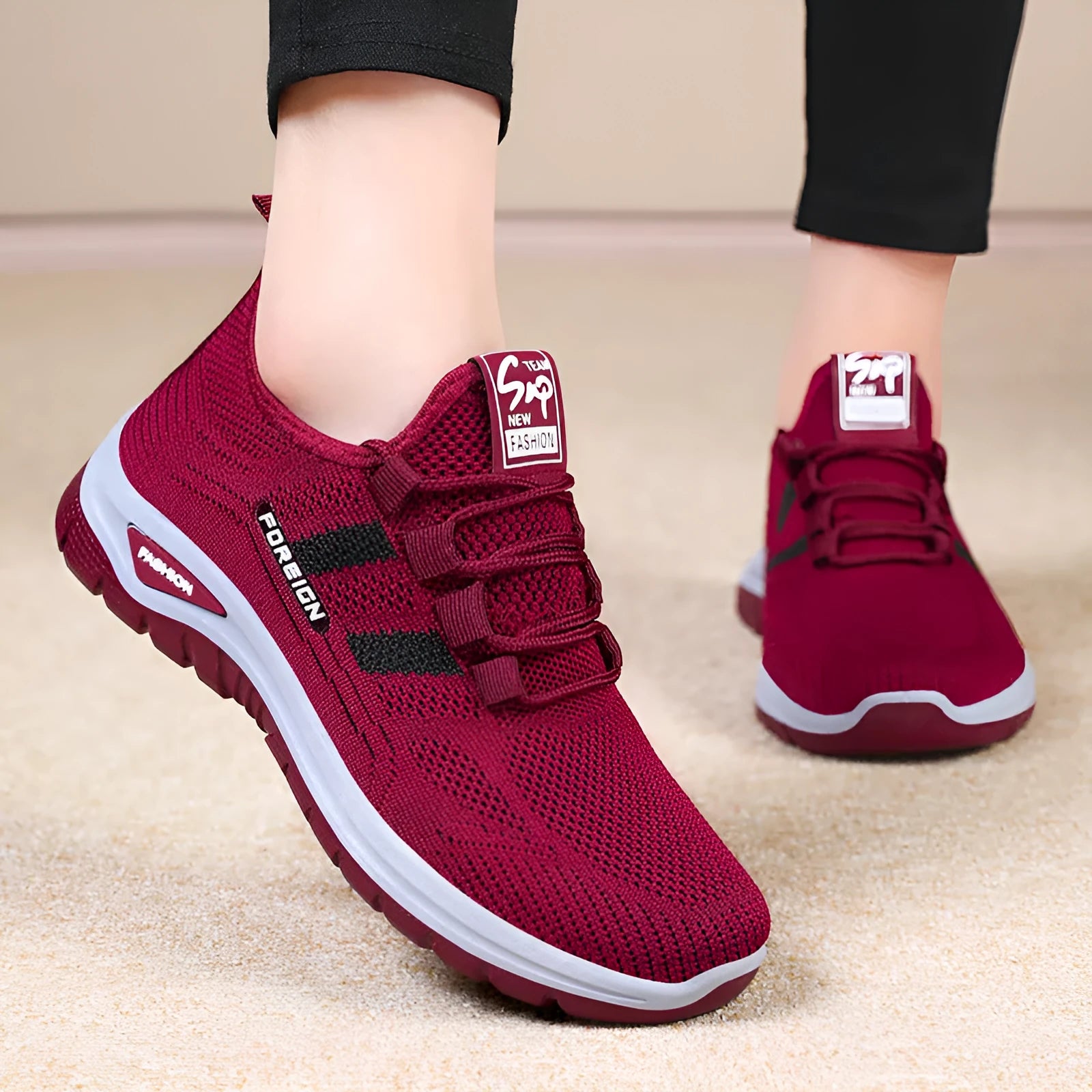 Breathable mesh casual shoes in black, grey, purple, and red colours with flat PVC sole