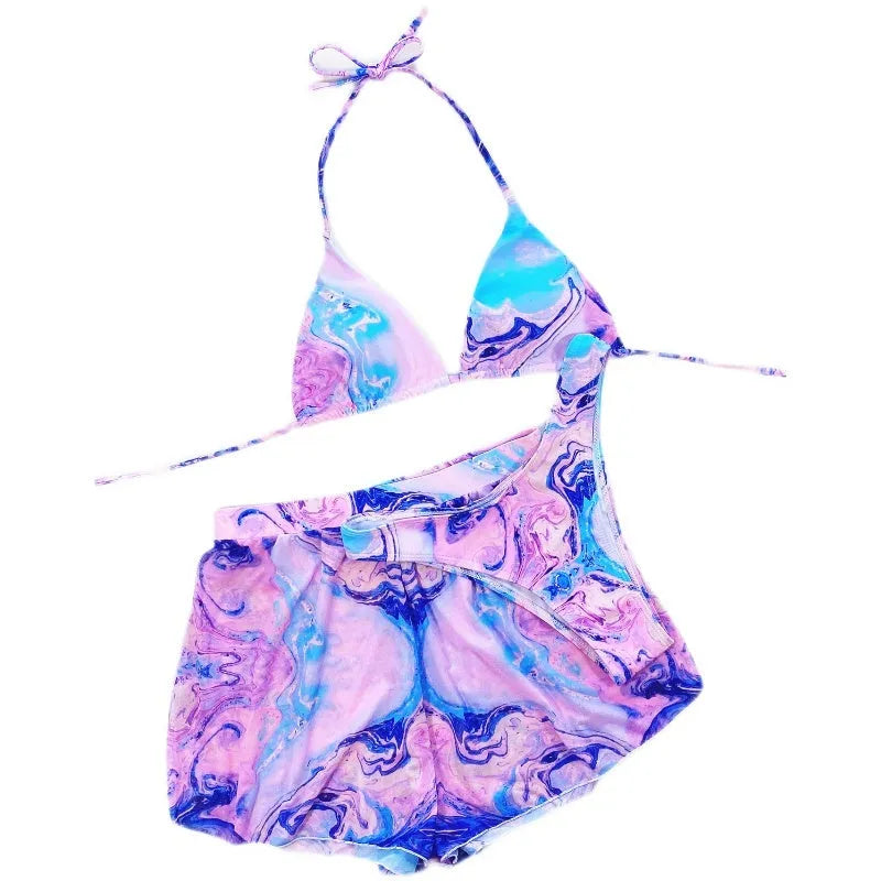 Women's pink nylon triangle bikini three piece set with bra shorts and T-pants