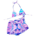 Women's pink nylon triangle bikini three piece set with bra shorts and T-pants