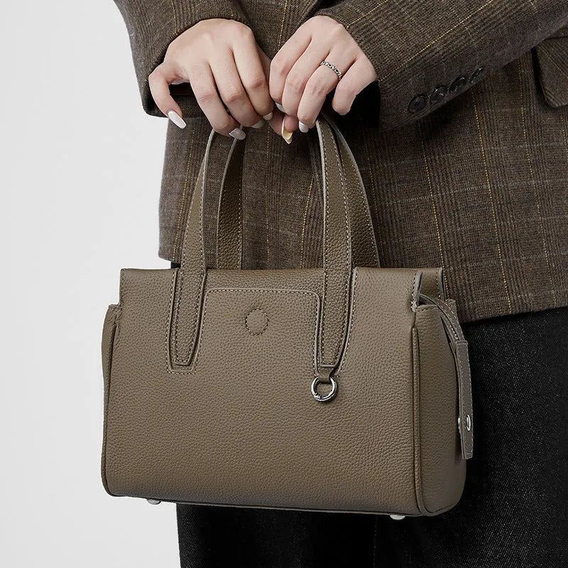 Genuine cowhide leather crossbody bag with horizontal square design in black, brown, and grey colour options