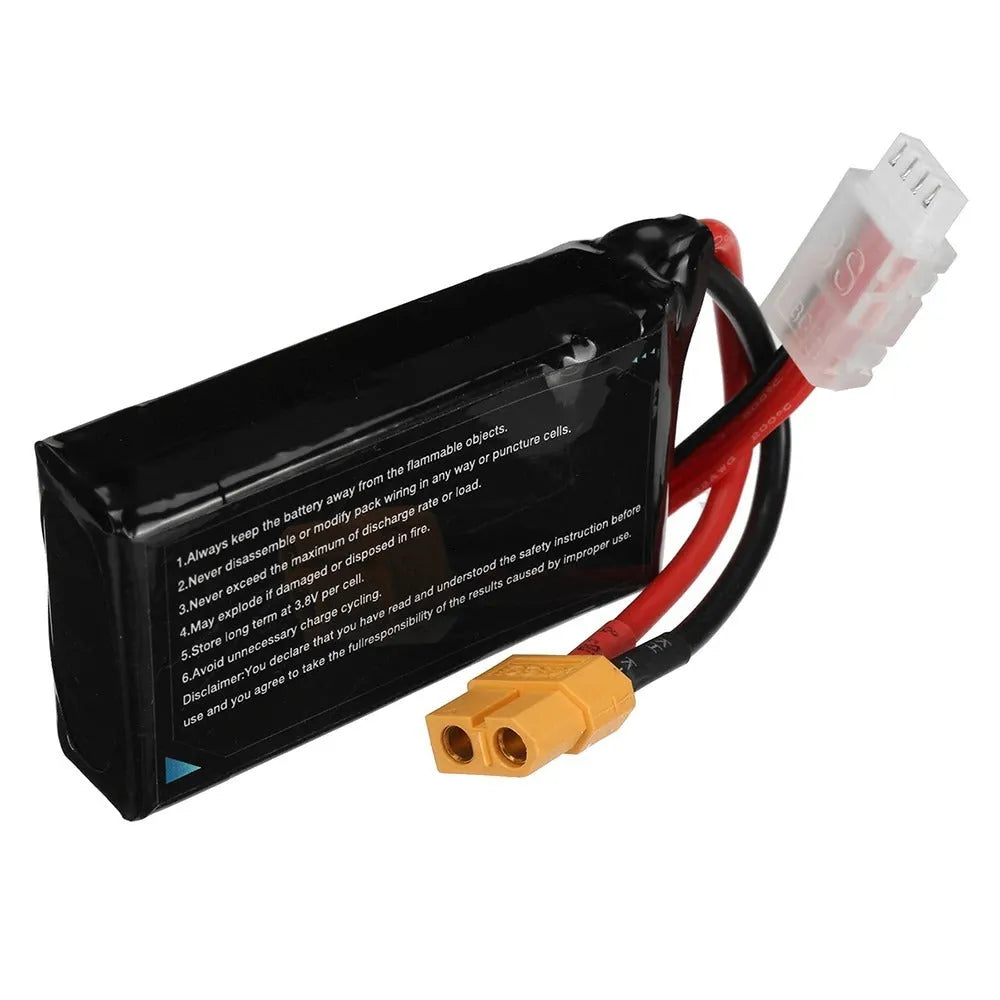 7.4V 1200mAh 2S Lithium Polymer RC battery with red JST connector, shown with dimensions.