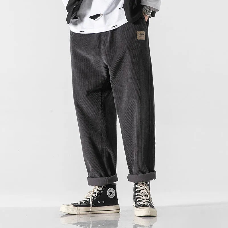 Men's loose straight corduroy sports trousers in multiple colours with mid waist design