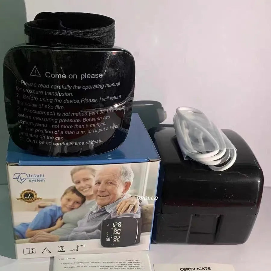 Black rechargeable wrist blood pressure monitor with multi-language voice prompts.