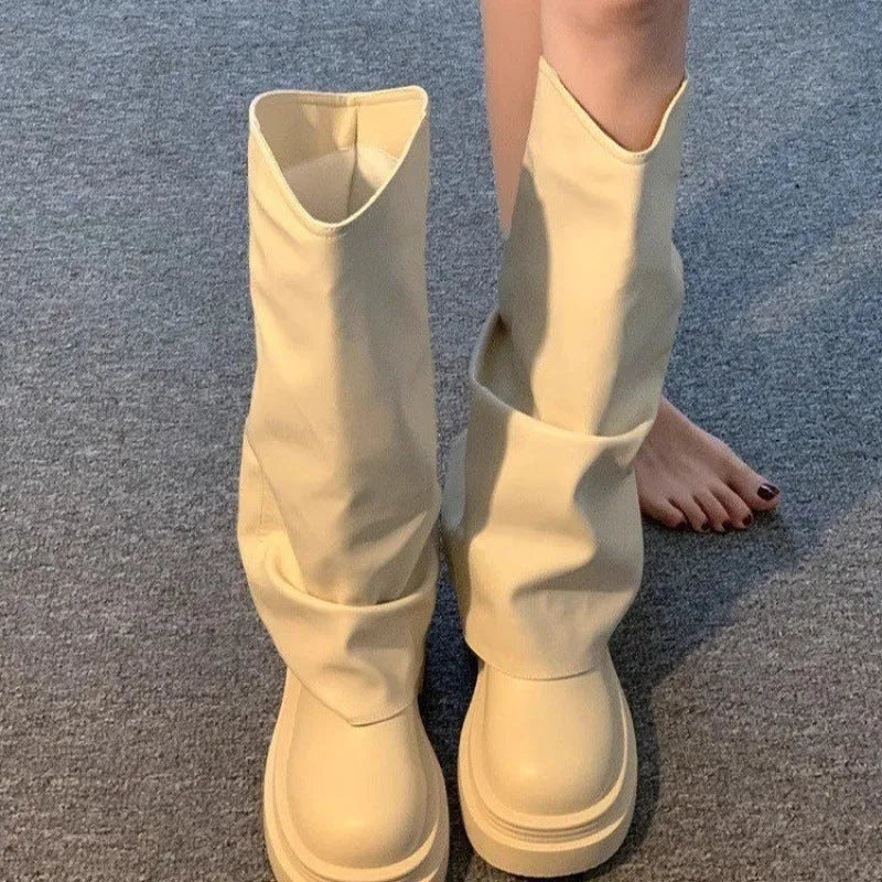 Women's autumn round toe high cylinder platform boots in beige, brown, and black, PU upper and rubber sole