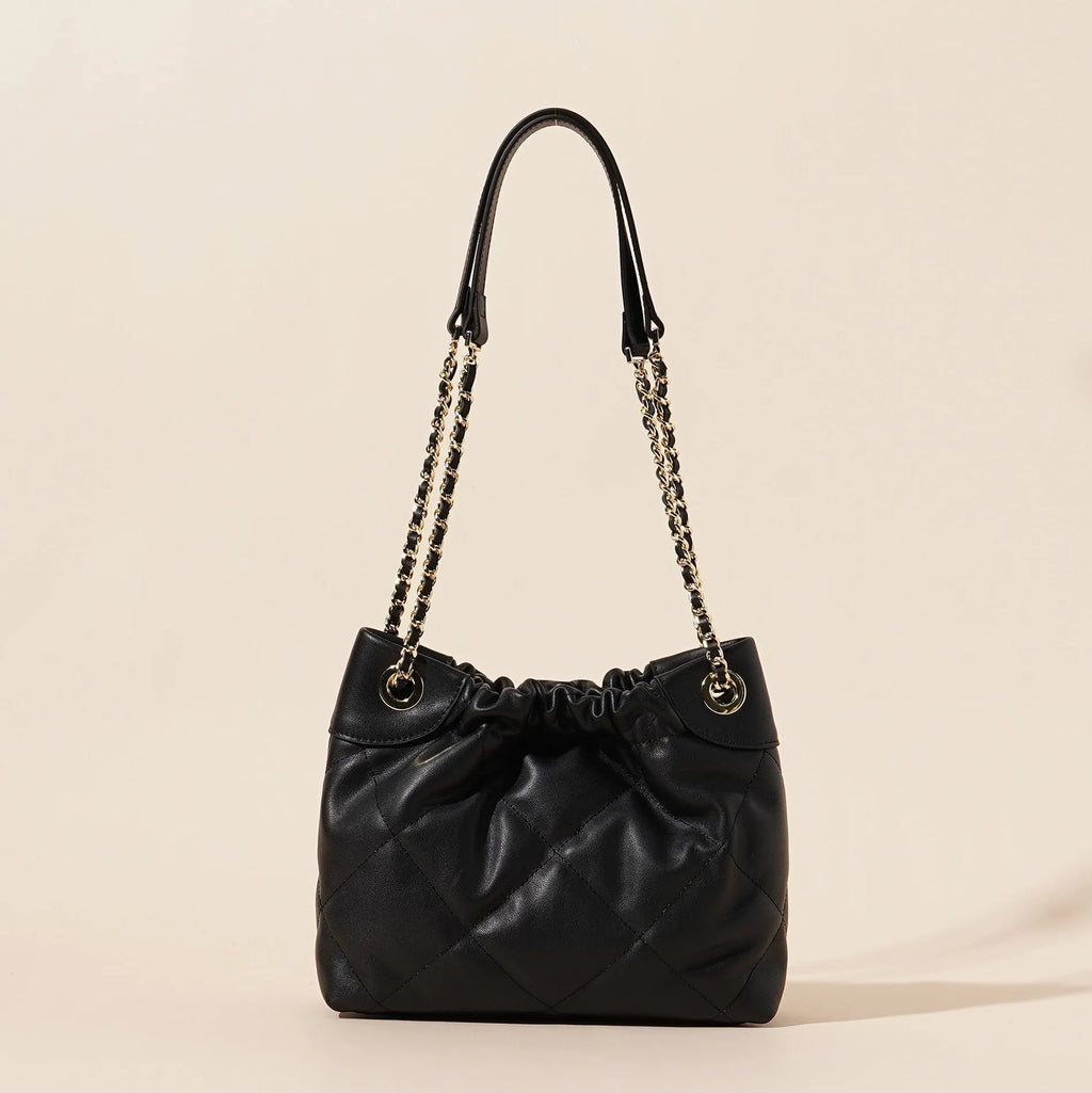 Black genuine leather bucket bag for women with single shoulder strap urban simplicity style