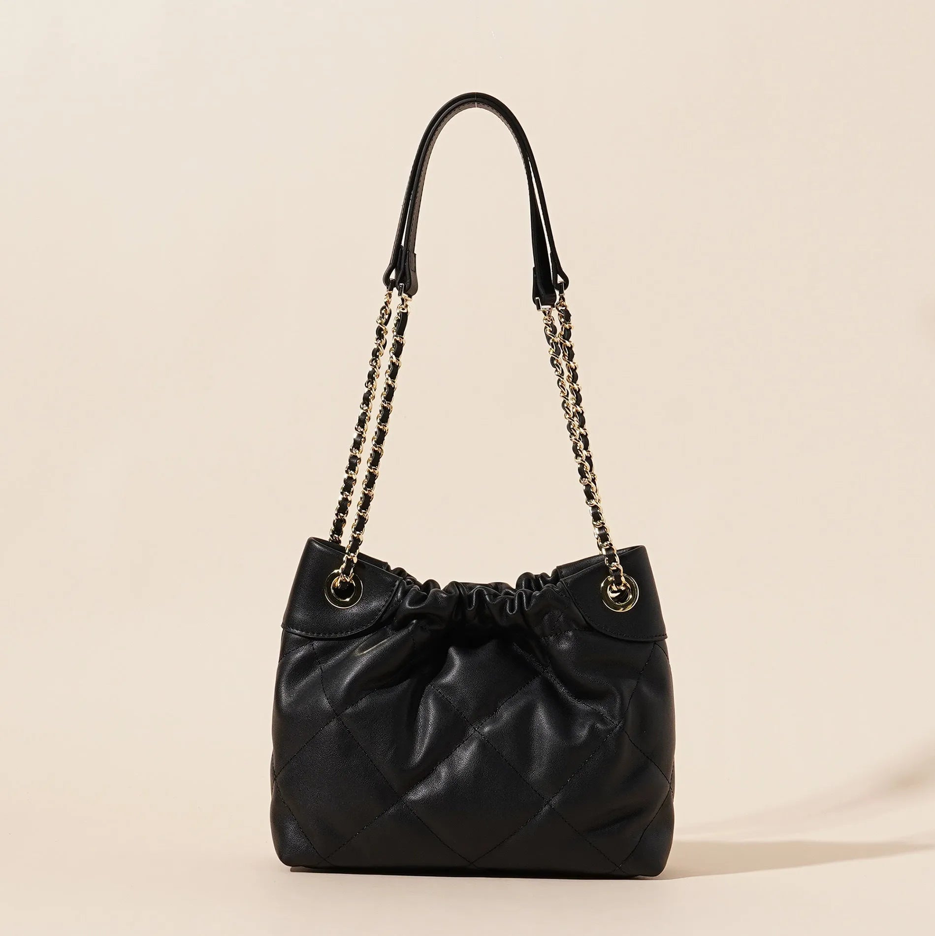 Black genuine leather bucket bag for women with single shoulder strap urban simplicity style