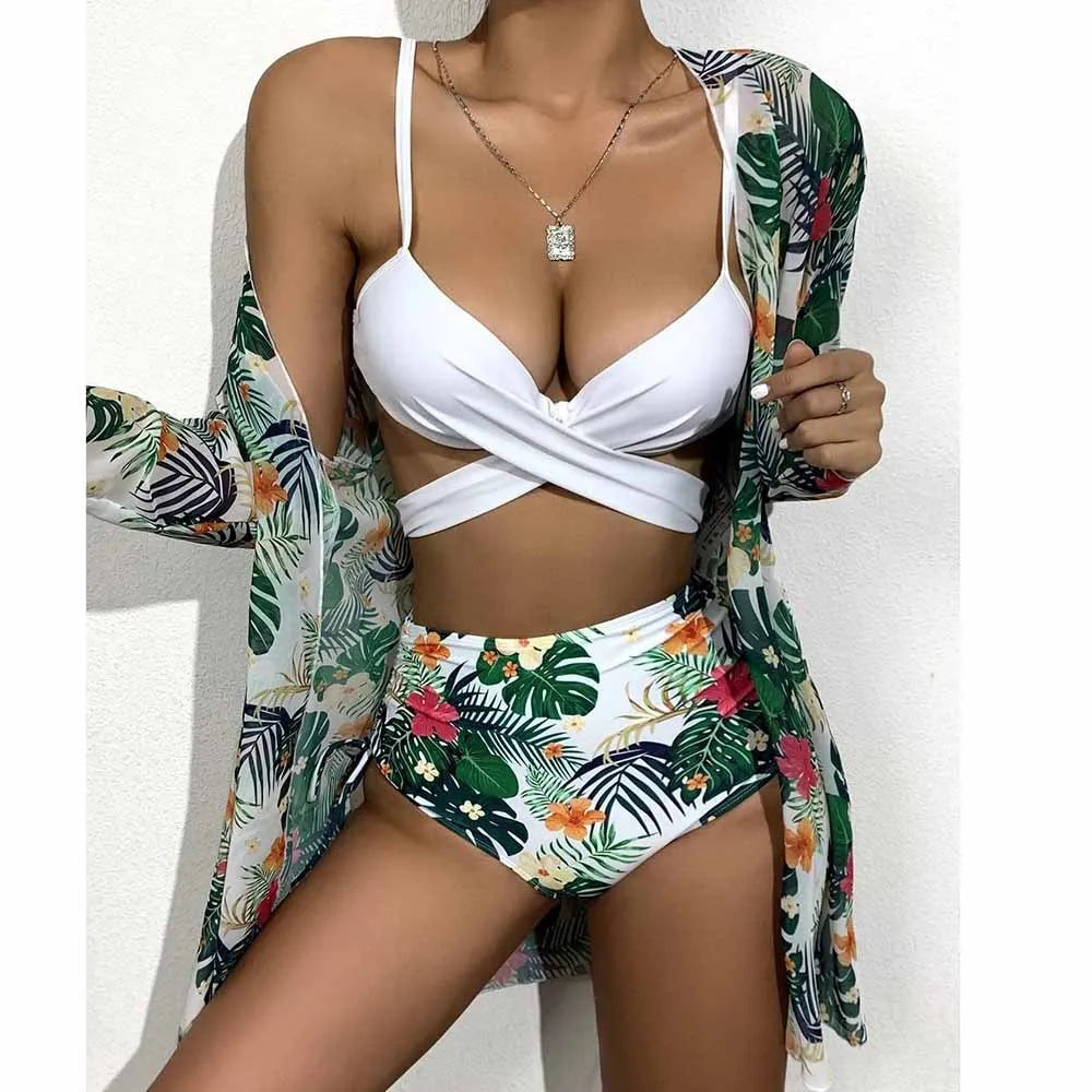 New swimsuit women bikini set nylon spandex mesh split three piece sizes S to XL multiple colours