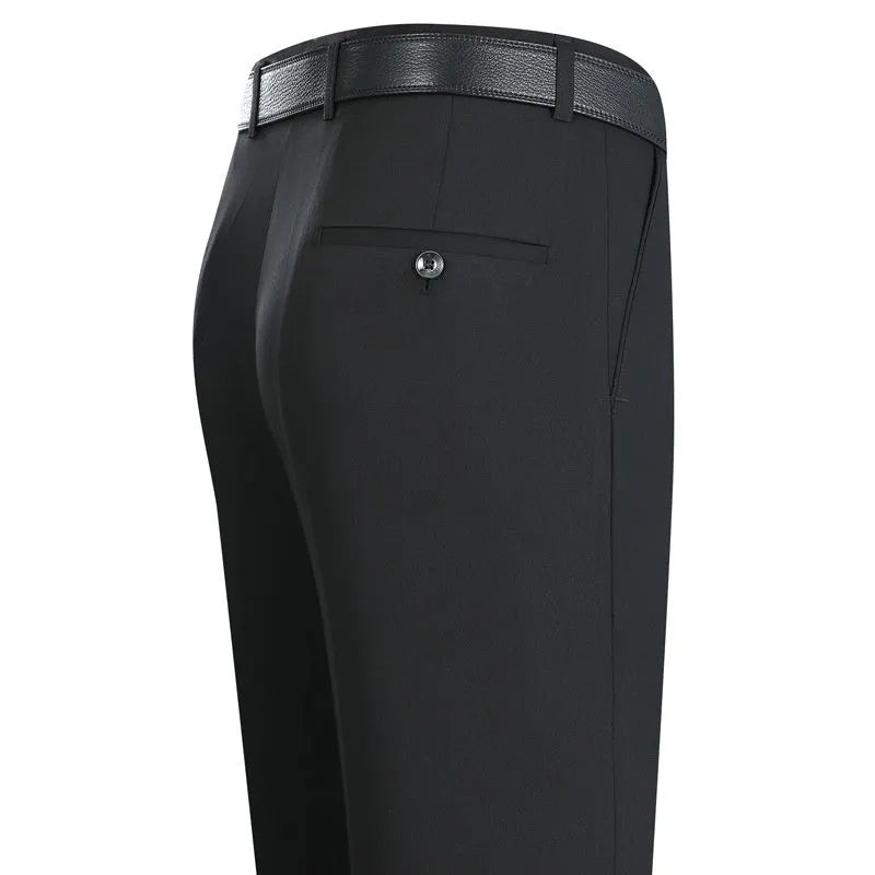 Men's mulberry silk blend straight-leg business trousers with high waist in dark blue colour