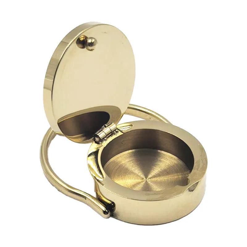 Gold electroplated titanium steel unisex storage ring with future-style round design on a plain background