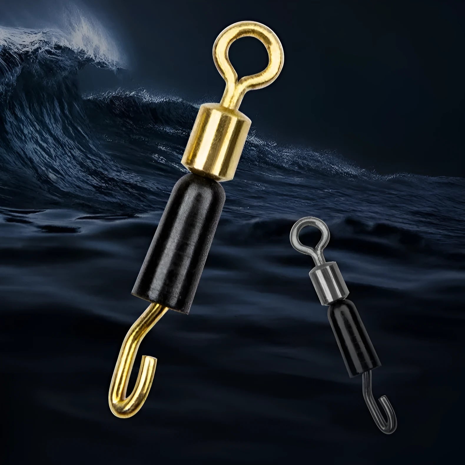 Wire clip silicone opening swivel pin fishing accessory showing rotation mechanism and size options