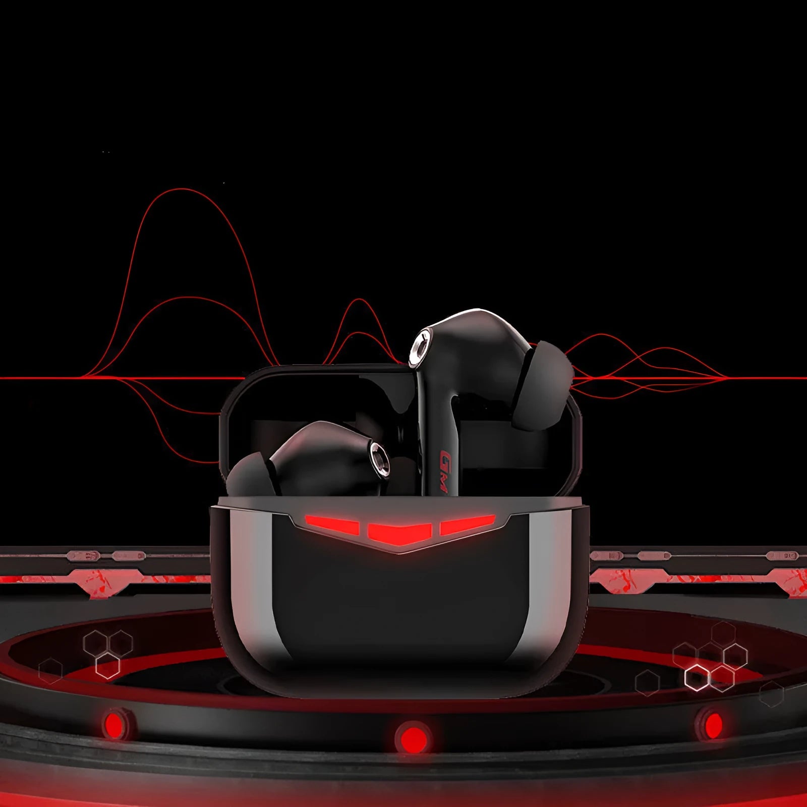 True wireless Bluetooth in-ear gaming headset with charging case in black, pink, white, and grey colours.