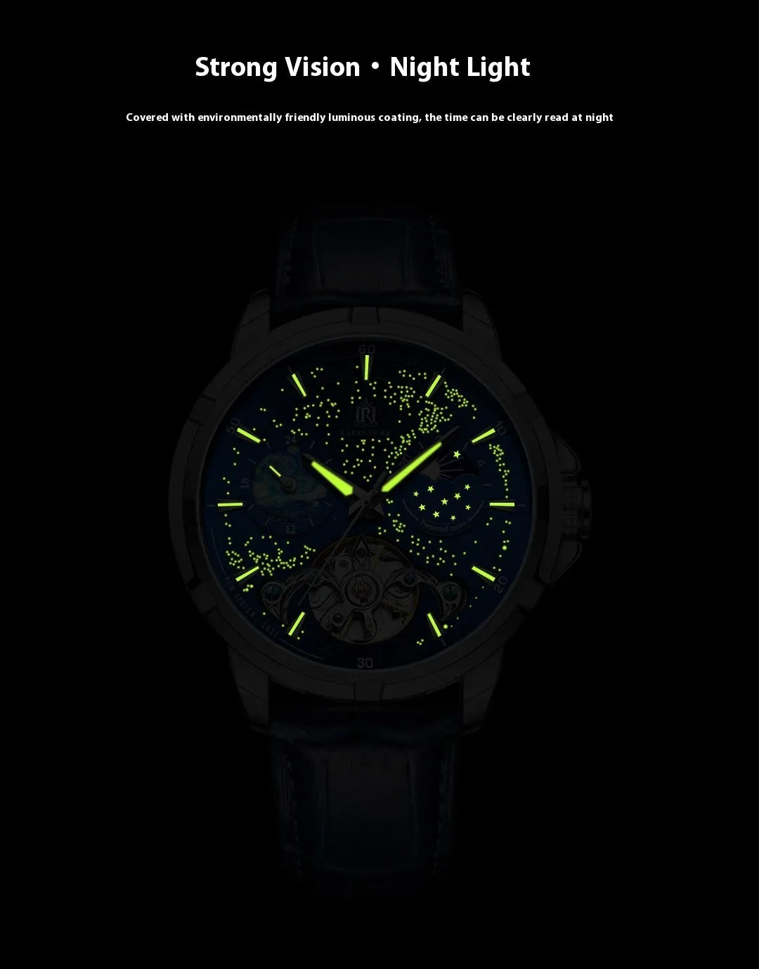 Men's blue dial automatic mechanical watch with a stainless steel bracelet on wrist.
