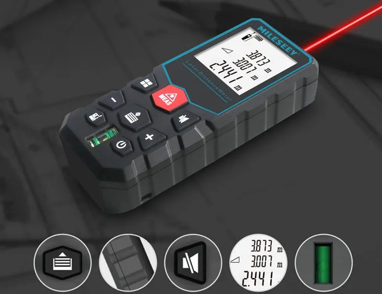 Handheld laser rangefinder 115x50x28mm in classic black showing digital display and button