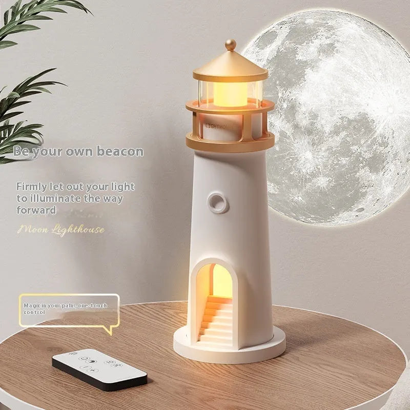 Human body induction moonlight lighthouse table lamp with Bluetooth speaker, 2400mAh battery, geometric modern style on a bedside table