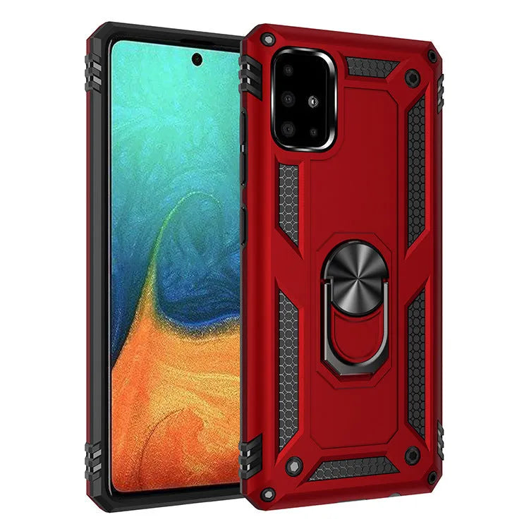 Drop-resistant bracket magnetic phone case for Samsung A03S in black, showing TPU PC metal back cover with built-in bracket