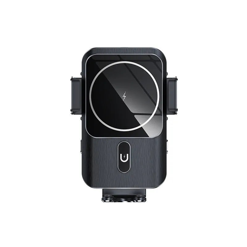 Black car wireless phone charger with 15W power shown with suction cup and clip mounting options