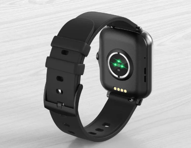 Blue smart watch with 1.7-inch colour touch screen on adjustable strap showing interface
