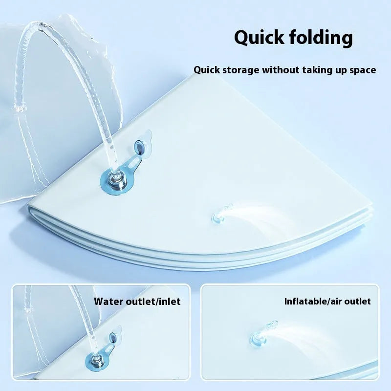 Blue inflatable pet water bed with dolphin design, showing water filling port.