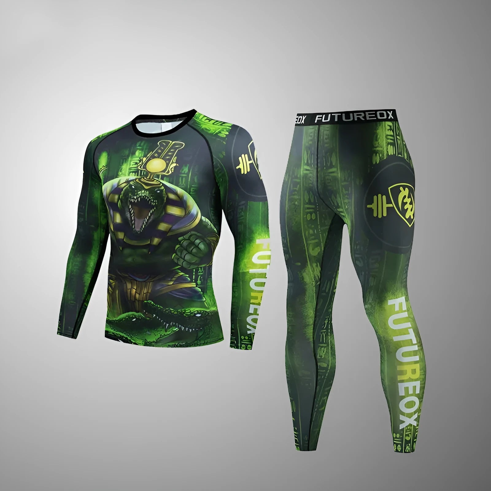 Men's stretch body-hugging sports suit top and trousers set for running and fitness.