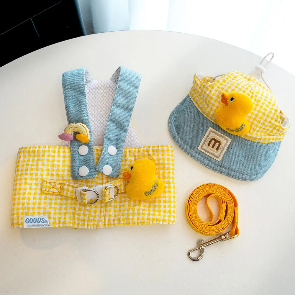 Three-piece pet set showing dog harness with leash, wire rope pulling toy and cat wearing matching clothes with hat