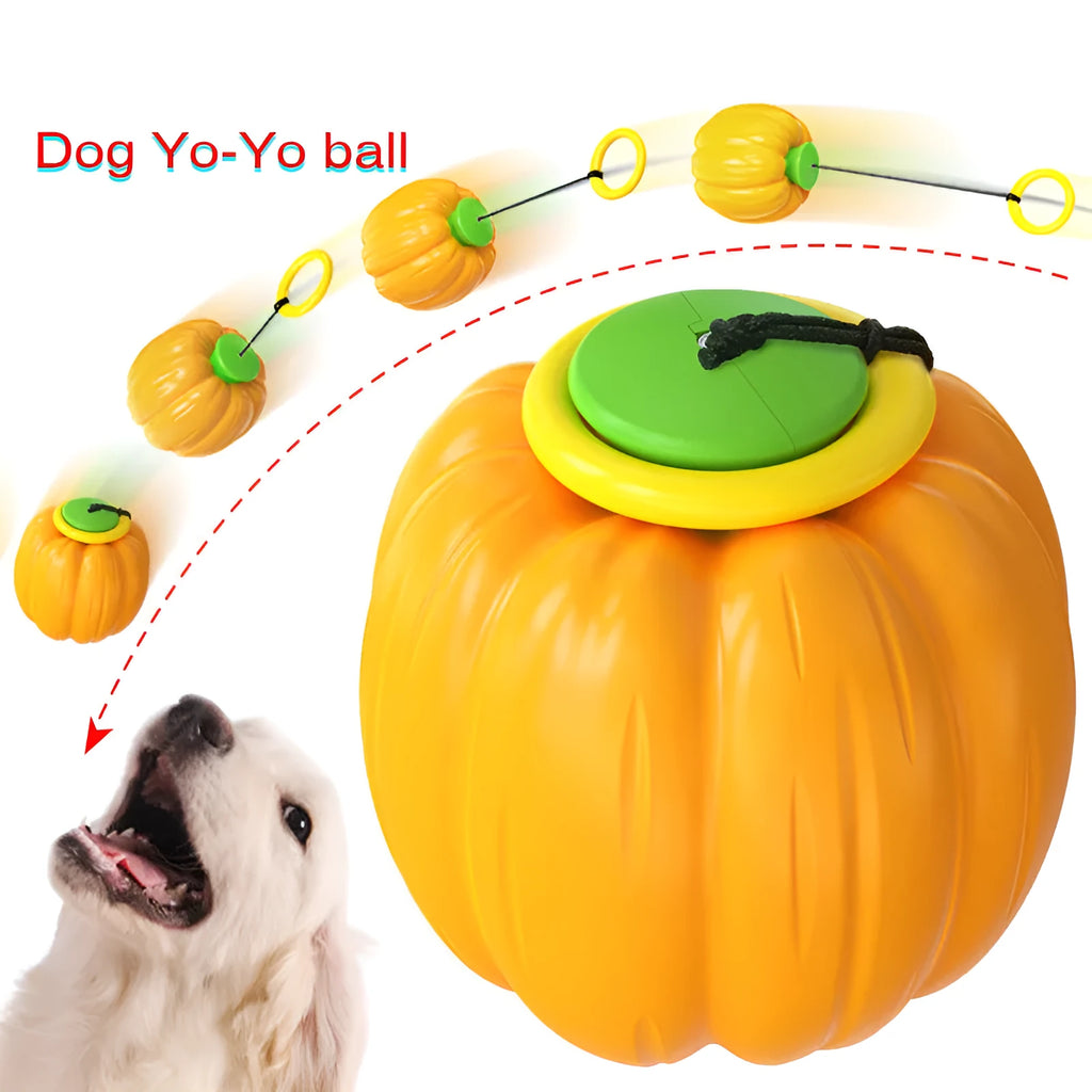 Pumpkin-shaped orange dog chew ball with squeaker for small dogs on a wooden floor.