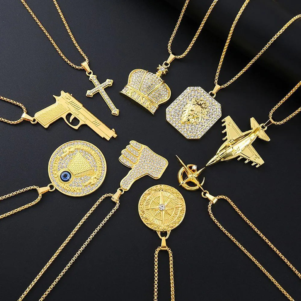 Gold geometric alloy pendant necklace for women with inlaid zircon stones.
