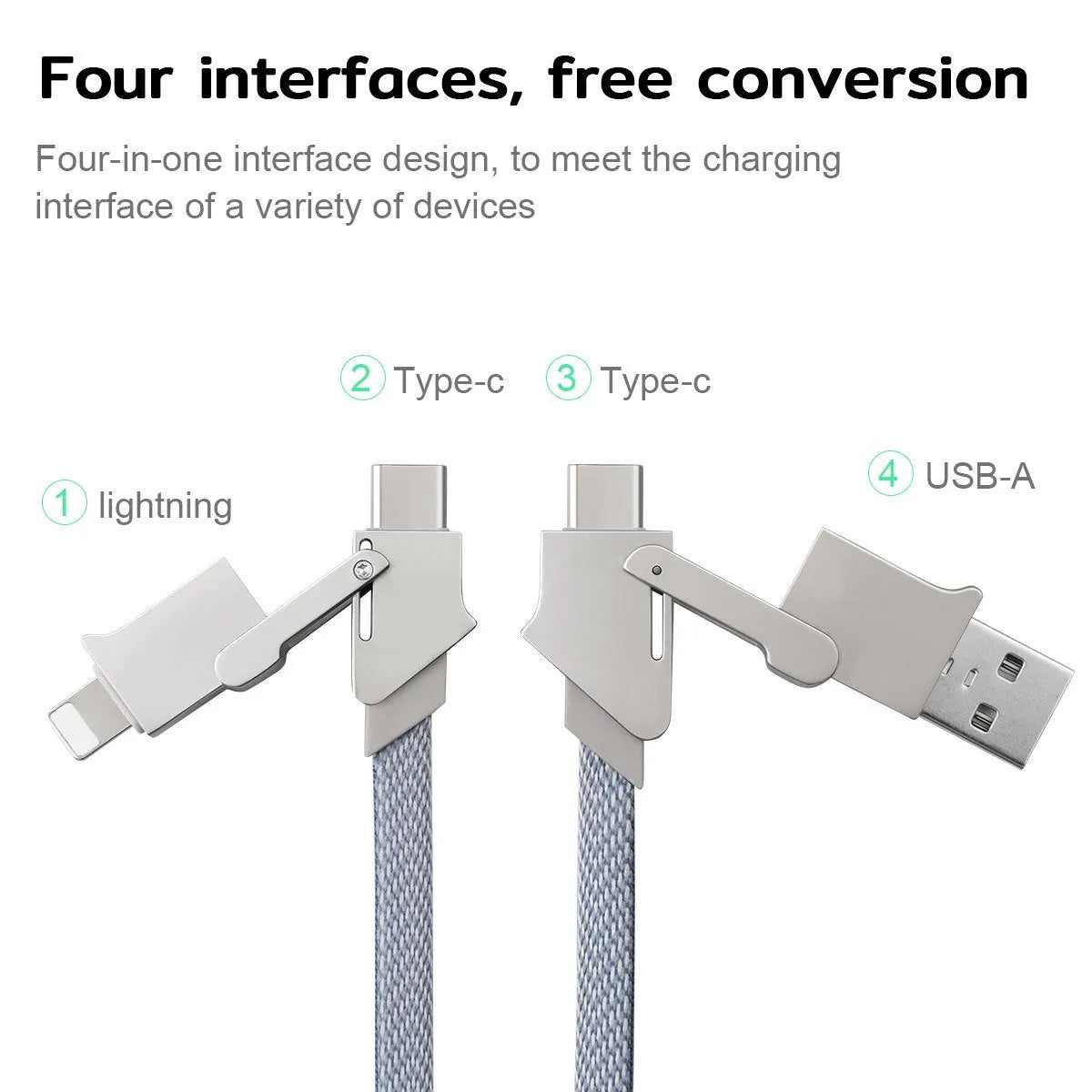Six-in-one 120W fast charge data cable with zinc alloy connectors in black, showing multiple USB tips