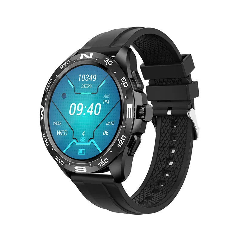 Black smart watch with 1.32-inch touch screen and silicone wristband showing health monitoring display