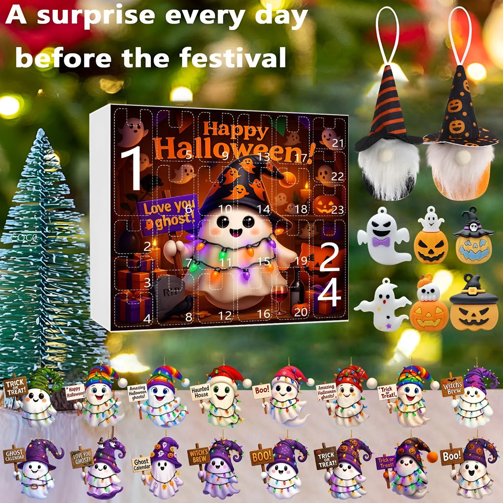 Ghost Pumpkin Doll Blind Box Halloween set with 16 pendants, 6 PVC figurines, and 2 plush dolls