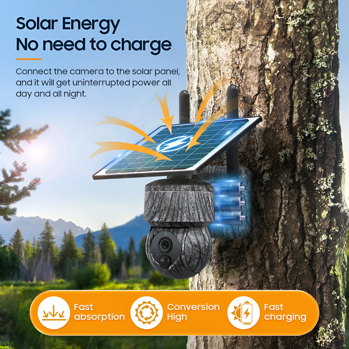 Outdoor camouflage solar surveillance camera with 4G cellular connectivity and night vision in a garden setting