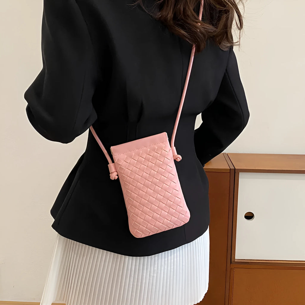 Vertical square PU crossbody bag with vintage weave texture in multiple colour options showing phone compartment.