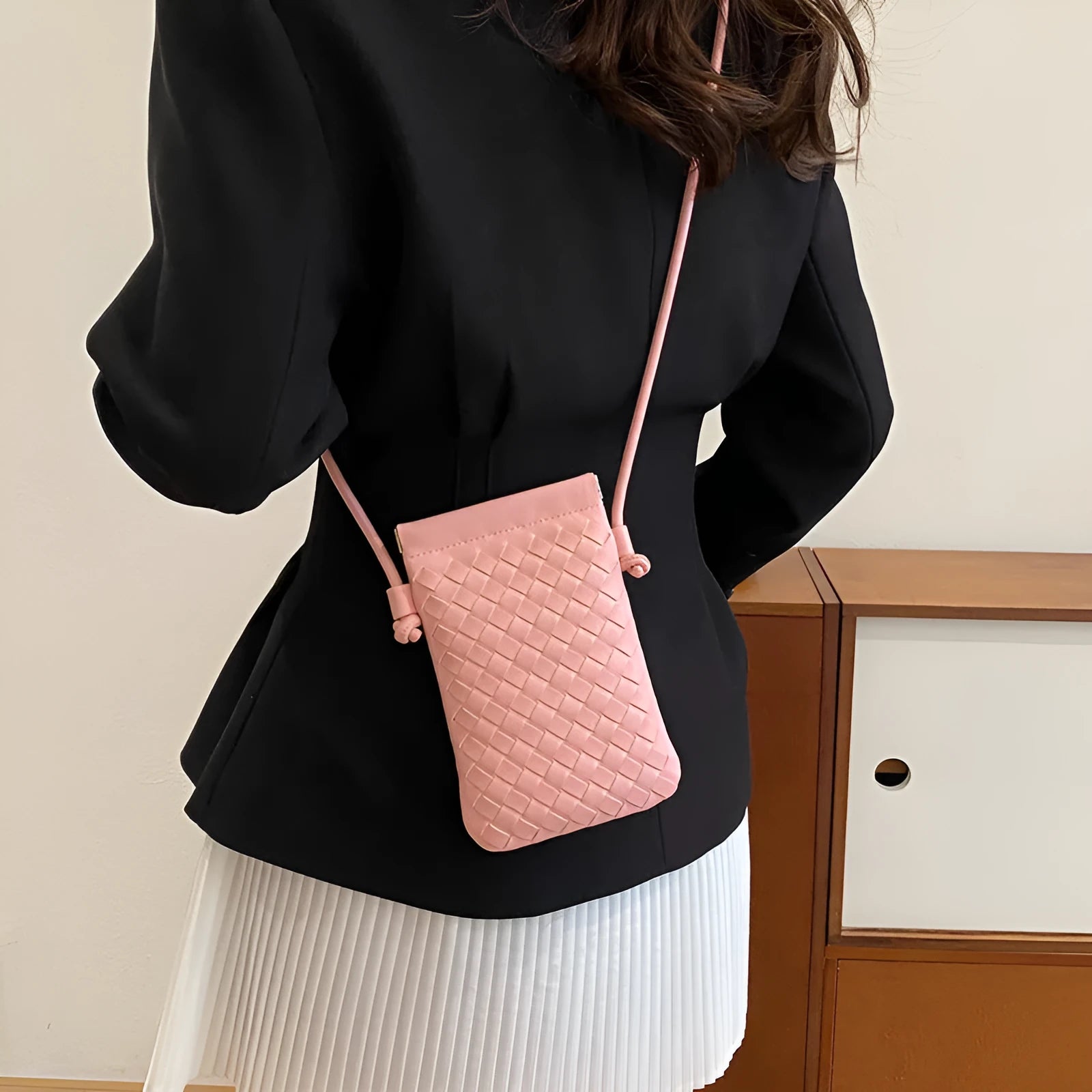 Vertical square PU crossbody bag with vintage weave texture in multiple colour options showing phone compartment.