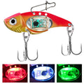 Electronic luminous metal vib fishing lure showing blue body and red body colour options