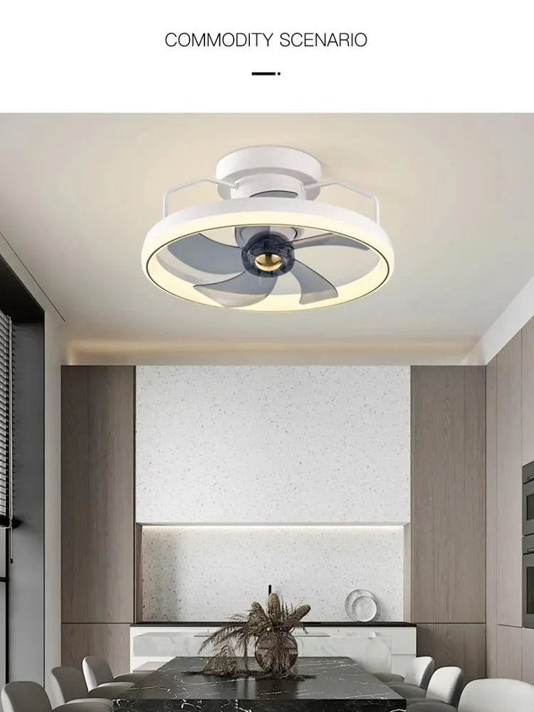 Modern white ceiling fan with integrated light and five blades, shown installed on a ceiling.