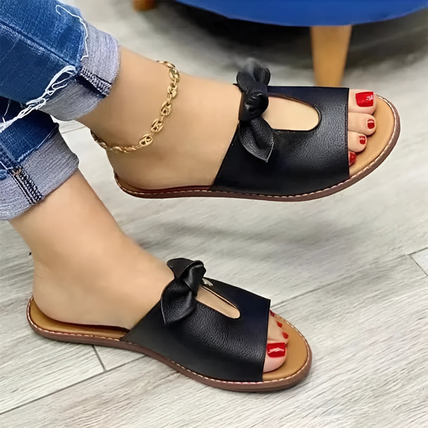 Ladies fish mouth style sandals with bow detail in black, pink, or gold colours