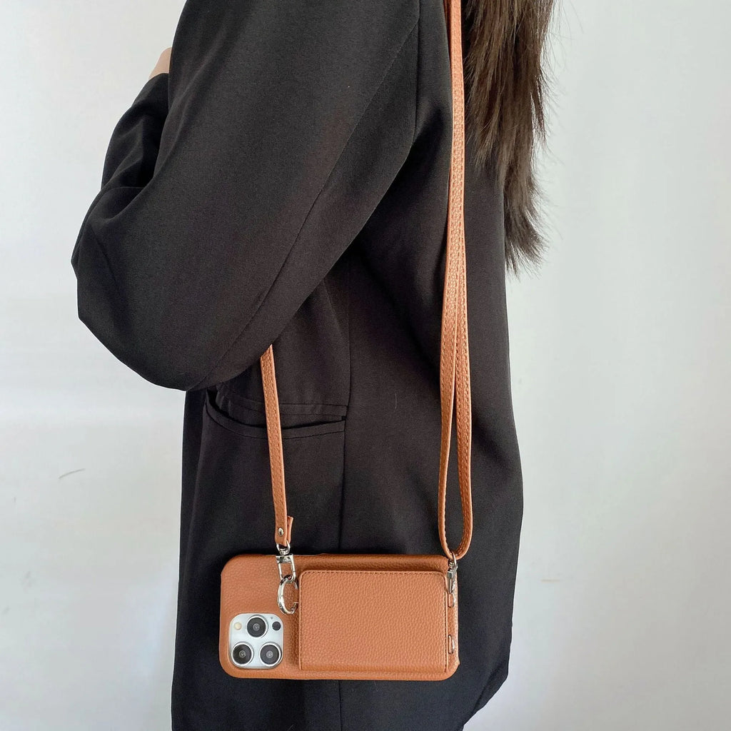 Lychee pattern frosted imitation leather lanyard phone case with beauty mirror and card slots