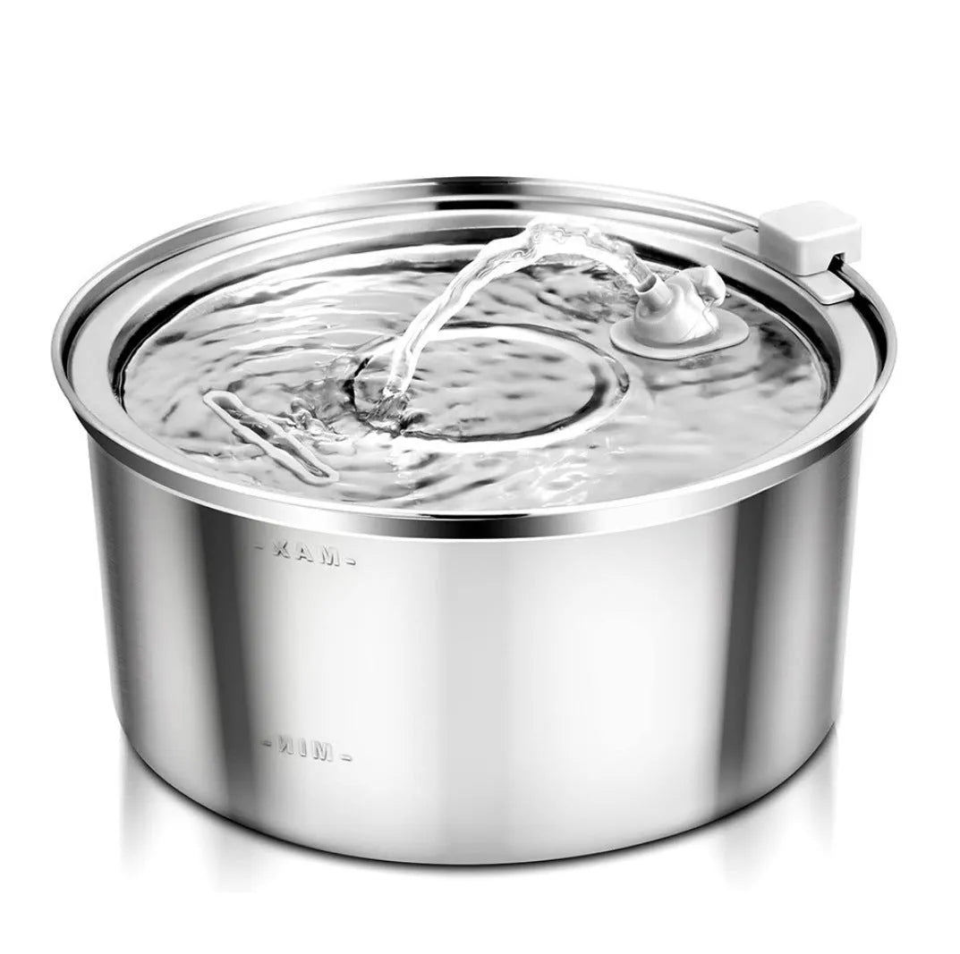 Stainless steel round pet water dispenser with large reservoir and selectable faucet attachment