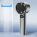 A handheld personal fan with variable speed control, shown in green, with USB charging port and six plastic blades.