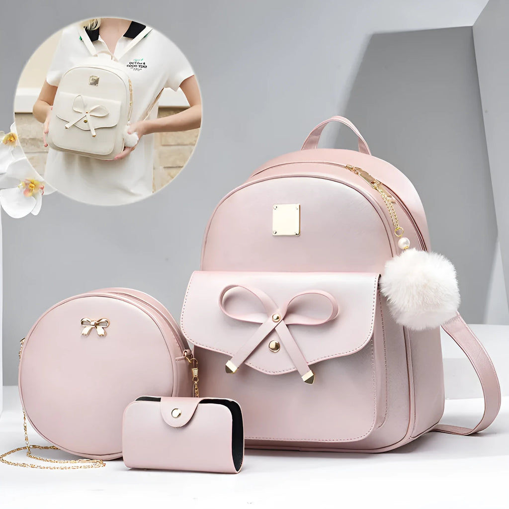PU leather women's backpack set with bow plaid design in black, showing backpack, shoulder bag, and clutch