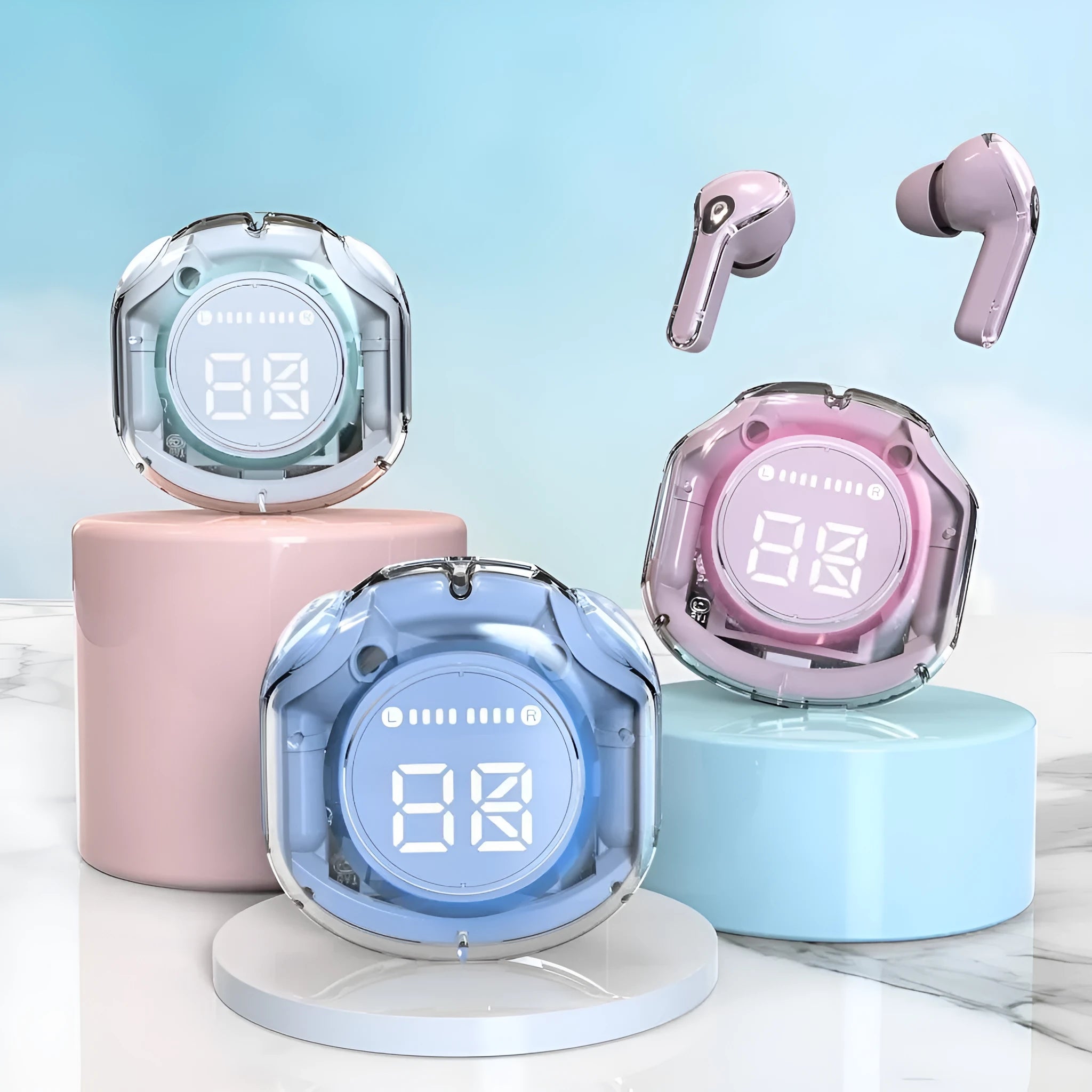 White wireless Bluetooth in-ear headset on a transparent background showing optional breathing light.