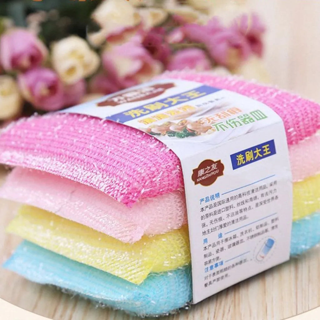 Pinstripe fabric dishwashing sponge mop in macaron colours showing sponge, plastic and silk thread construction