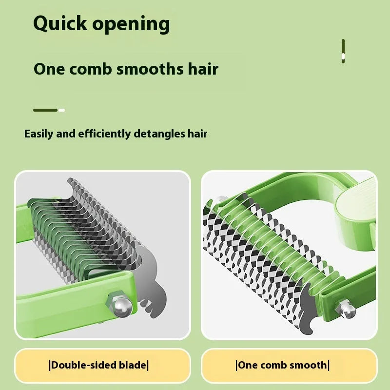 Green and grey dog de-matting combs in two sizes with stainless steel blades.