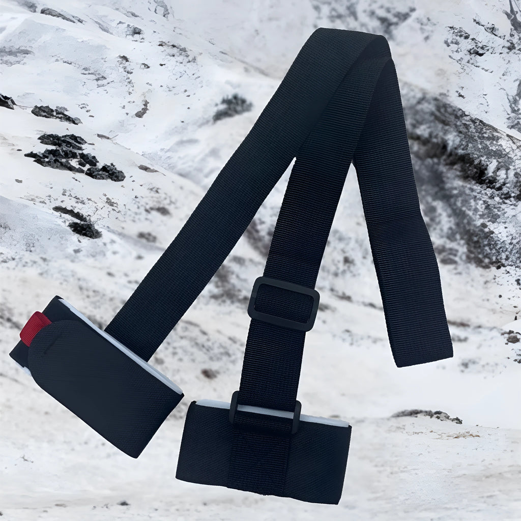 Adjustable skiing bandage with shoulder strap and hook and loop closures for ski carrying