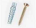 Iron expansion screw with four serrated barbs next to a screw, showing drill diameters of 6mm, 8mm, 10mm, and 12mm.