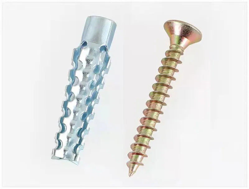 Iron expansion screw with four serrated barbs next to a screw, showing drill diameters of 6mm, 8mm, 10mm, and 12mm.