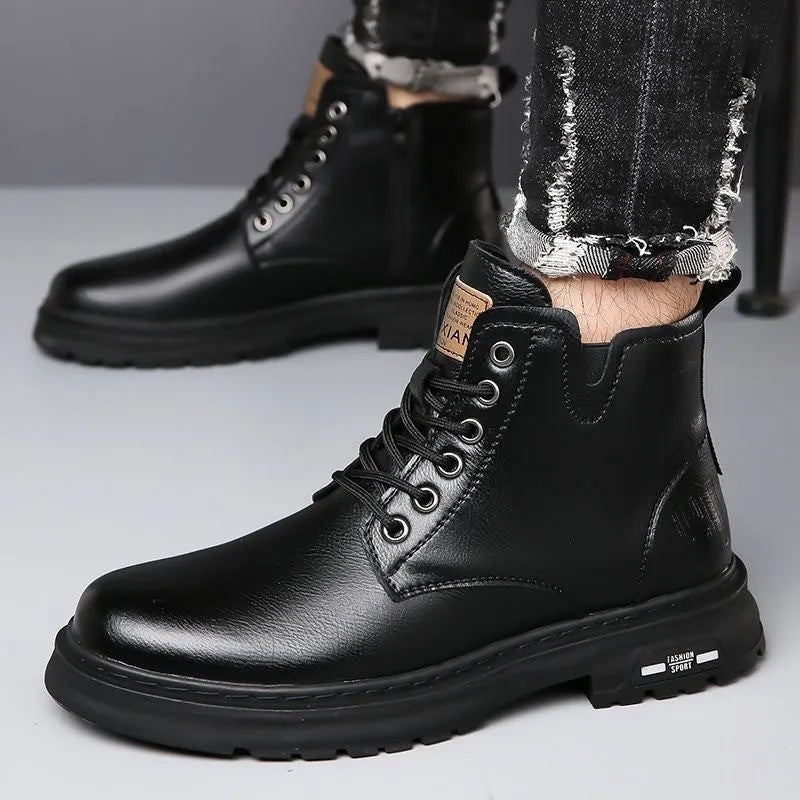 Men's black British Martin lace-up boots with thick rubber sole and round toe on a neutral background.